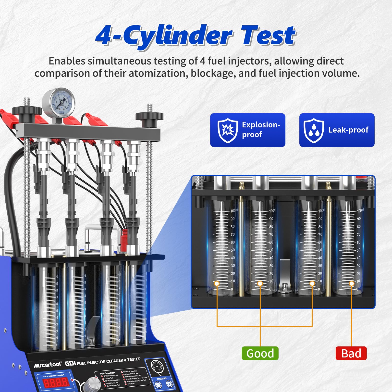 4 Cilindros GDI Probador Máquina de Limpieza con Limpieza Ultrasónica, Ultrasonidos Calefactores Limpiadores y Probador de Inyectores de Combustible con 10 Funciones, Adecuado para Inyectores EFI/FSI