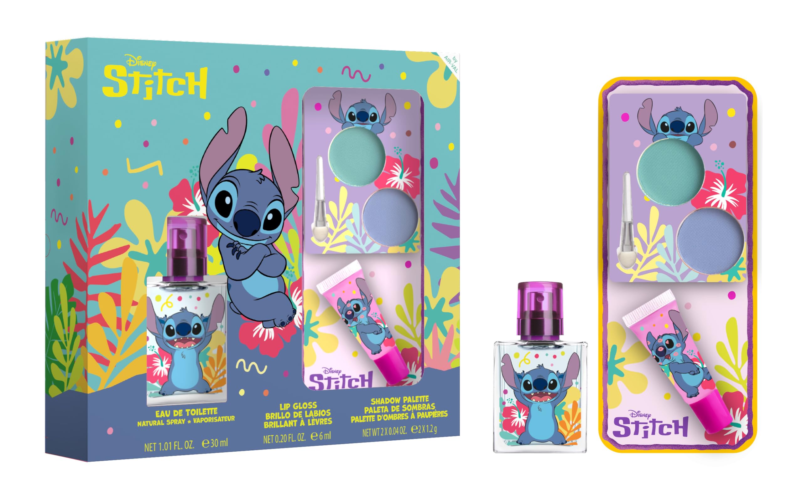 Disney Stitch, set regalo di profumo e trucco naturale per bambini – Eau de Toilette spray 30 ml, lucidalabbra e palette di ombretti con pennello | Regalo di bellezza sicuro, vegano e