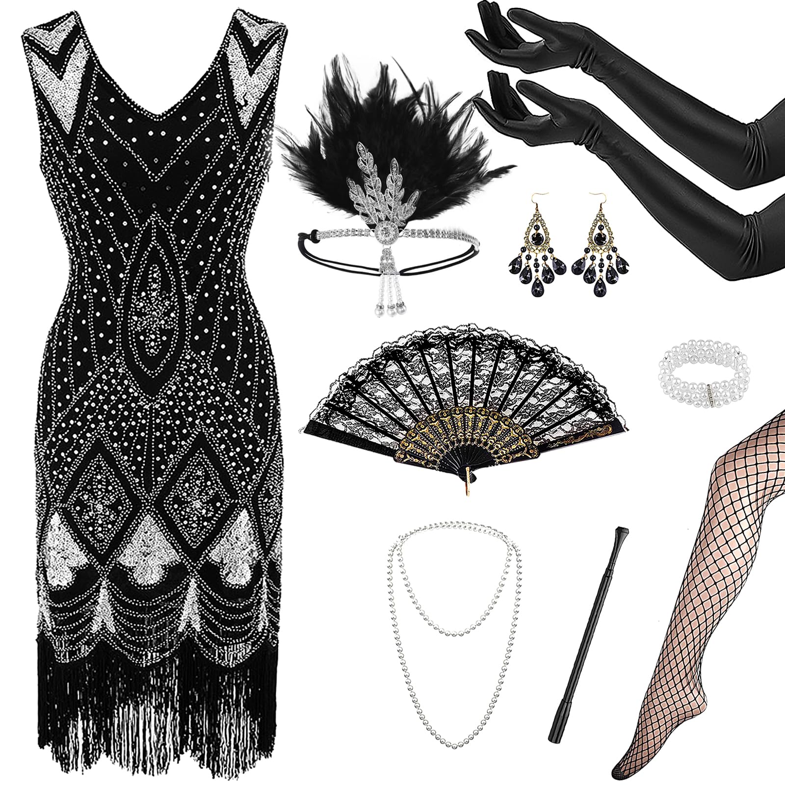 Disfraz de los años 20 para mujer, vestido con flecos de los años 20, vestido de mujer de los años 20, cuello en V de los años 20 con accesorios de los años 20, collares y pendientes, para fiestas de