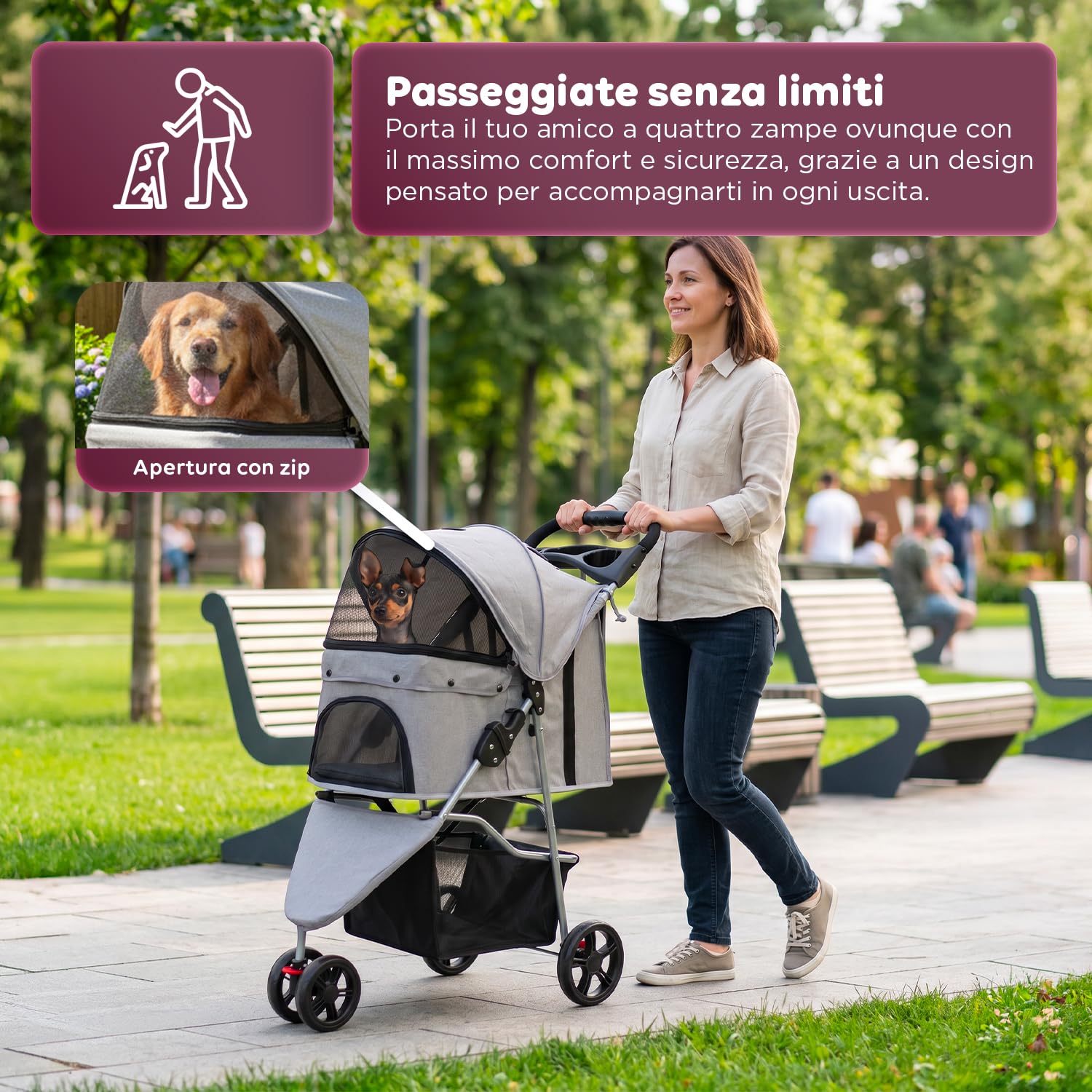 Avilia Passeggino Pieghevole per Cani 15 kg e Gatti con Cabina Panoramica Trasparente, Carrello Grigio in Acciaio e Tessuto Oxford, Portabicchieri e Cestello Portaoggetti, Ruote Scorrevoli