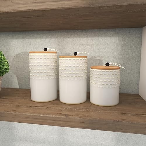 Miniatura 9 de Deco 79 Tarros decorativos de cerámica con tapas de madera, juego de 3 9 pulgadas, 8 pulgadas, 7 pulgadas de alto, blanco