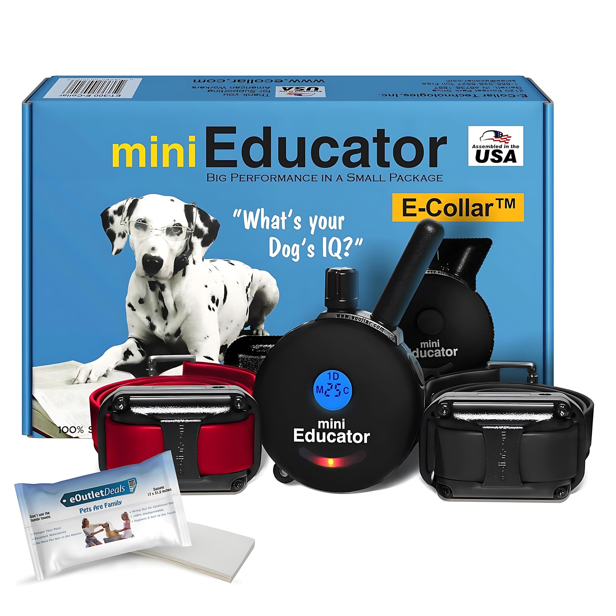 E-Collar ET-300 / ET-302 Dog Training Collar System with Remote - 1/2 Mile Range - Waterproof, Vibration, Sensation - Includes eOutletDeals Pet Towel (2 Dog System - ET-302 Black)