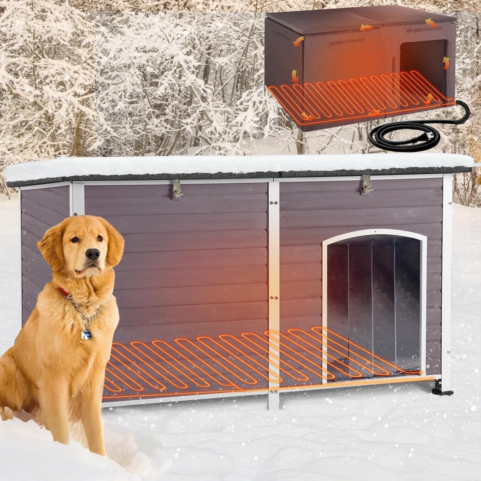 Aivituvin Large Heated Dog House, Outdoor Kennel with Insulation Liner, 59 Inch, Iron Frame Construction, Winter Weatherproof Design, Built-in Heater，Grey