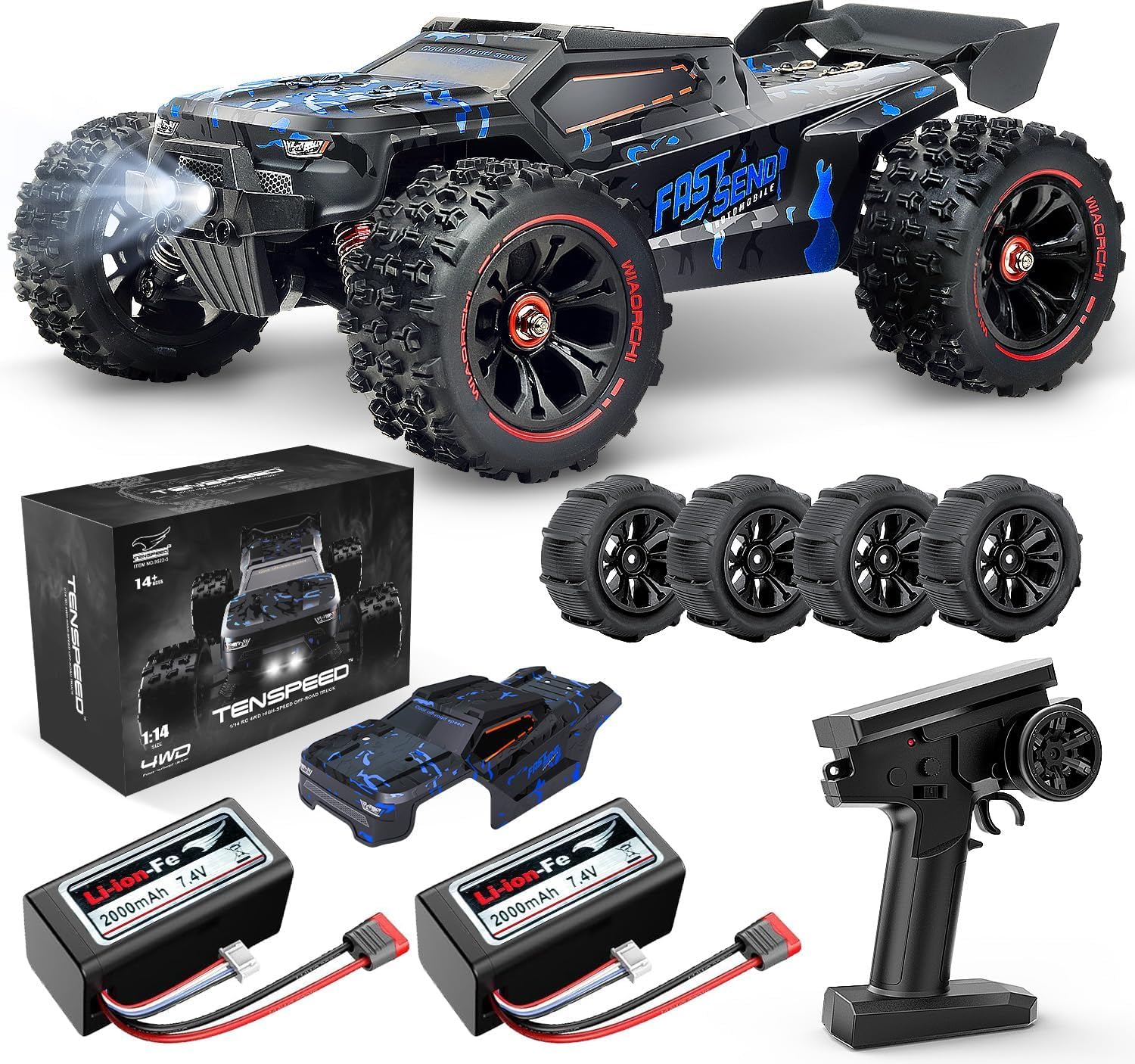 1:14 Scale RC Cars for Adults, 60KPH High Speed RC Truggy, 4X4 Off-Road Remote Control Truck, Waterproof Electric Car with 2S Battery, All Terrain RC Vehicle for Snow, Sand, Beach & Rocky Surfaces