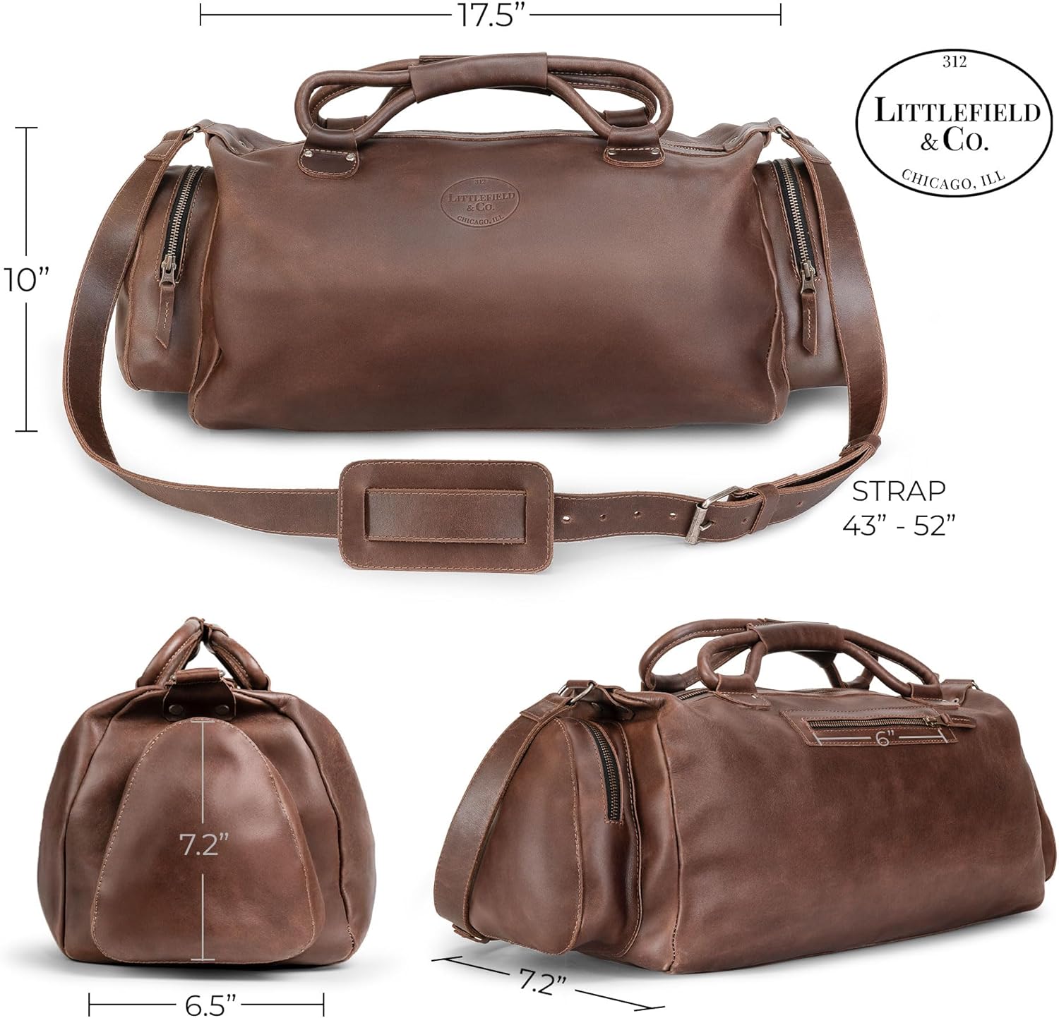 Littlefield & Co., Classic Shoulder Bag for Travel, Weekender Bag, Duffle Bag, Carry-On Case, Full Grain Leather, Handmade, Bourbon Brown