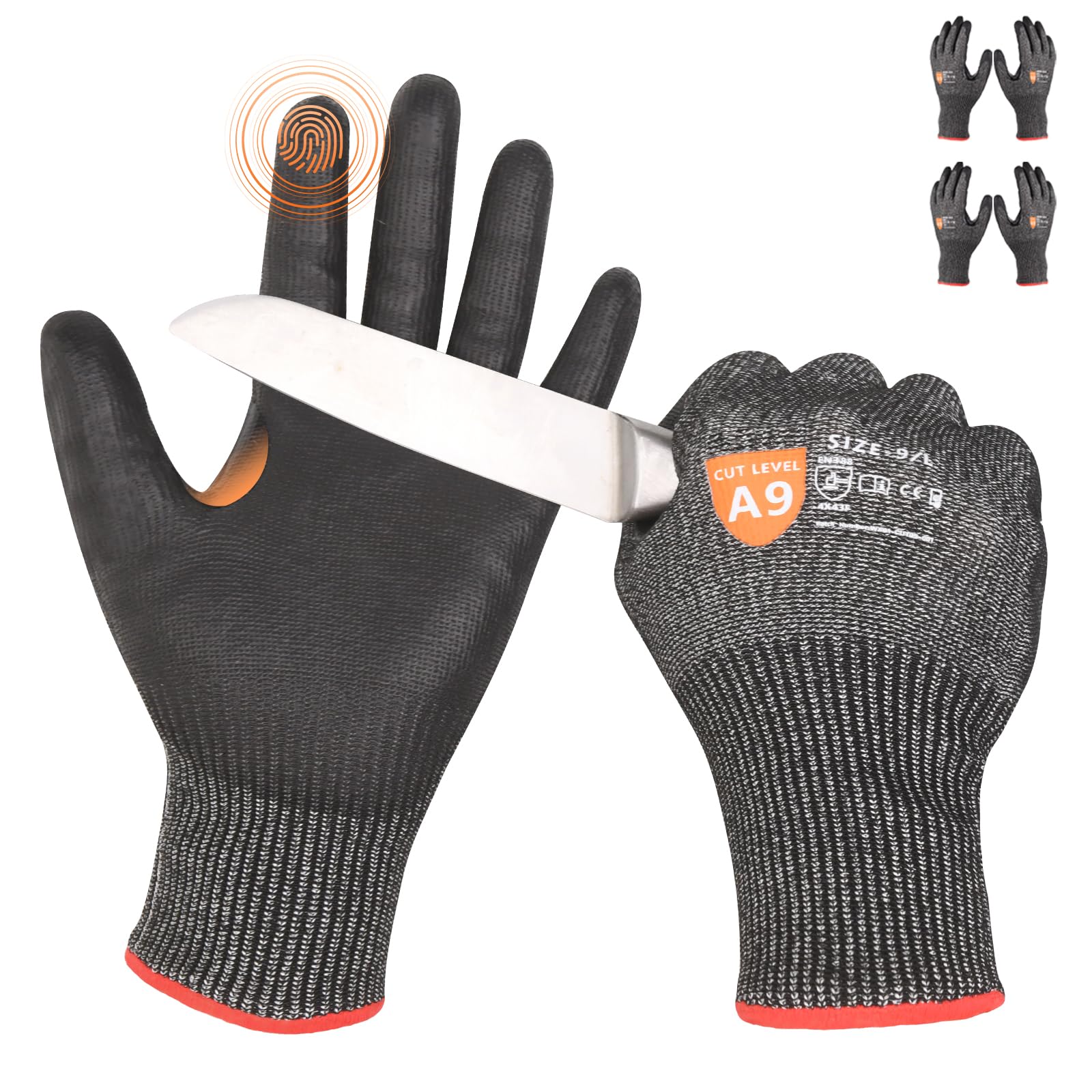 Donfri 2 Pairs Level 9 Cut Resistant Safety Work Gloves, High Protection Cutting Proof Chainsaw Gloves with Reinforced Thumb, Non Slip, Durable, Touch-screen (L)