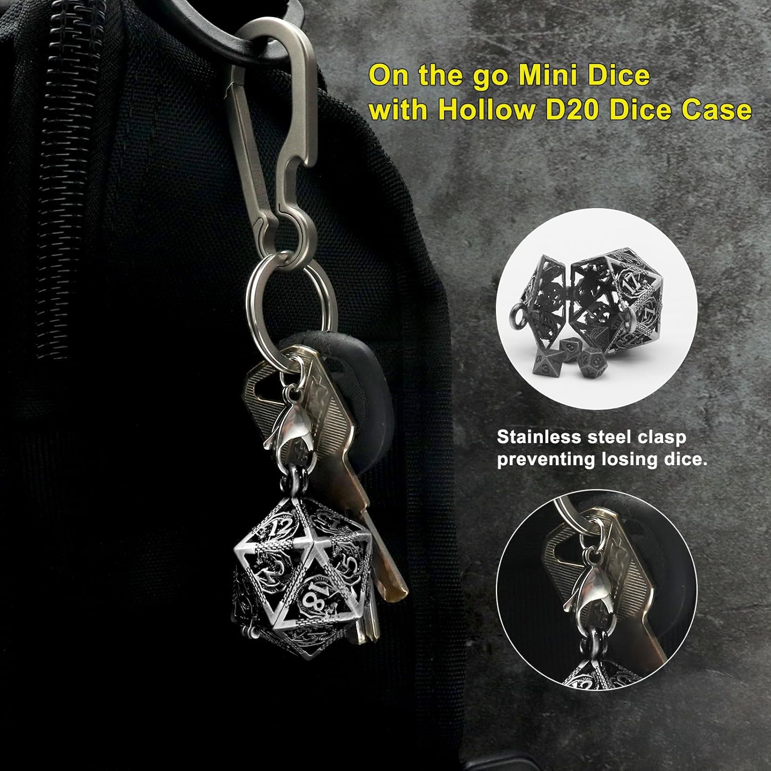 Haxtec Mini Metal DND Dice Set for Dungeons and Dragons D&D Gifts with Hollow D20 Cage Necklace Portable Antique Tiny D&D Pocket Dice Keychain