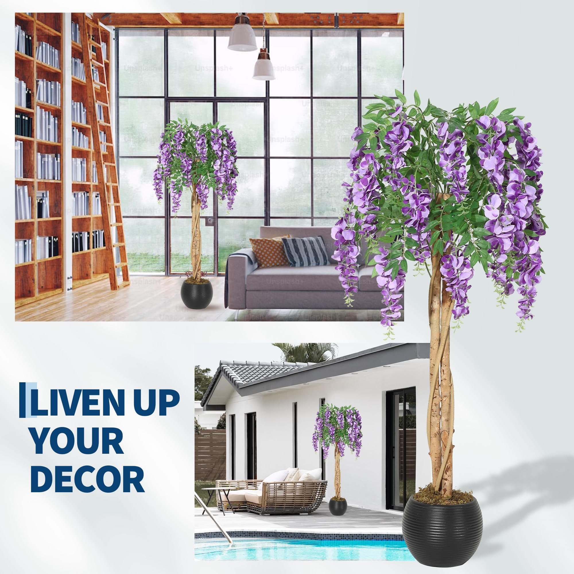 Amazon｜人工観葉植物 藤の木 150cm フェイクグリーン 紫 ダブル幹