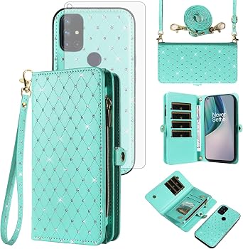 Asuwish Phone Case for OnePlus Nord N10 5G Zipper Wallet Cell Cover with Tempered Glass Screen Protector Strap Glitter Flip Card Holder Slot One Plus N 10 G5 1 Plus 10N 1plus One+ 1+ N105G Women Teal