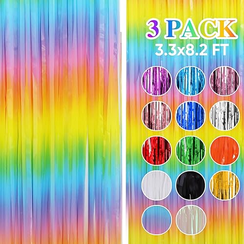 Paquete de 3 cortinas de fondo de flecos de aluminio, cortinas de oropel de 3.3 x 8.2 pies, diseño de arco iris pastel, cortinas de telón de fondo