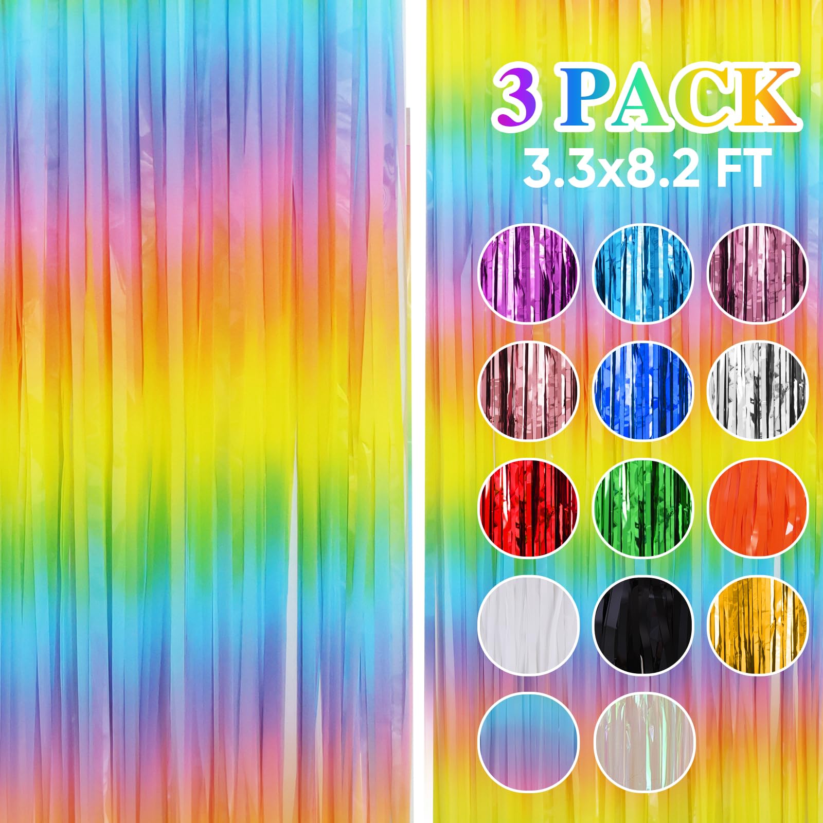 DECOCKRAT 3 Pack Foil Fringe Backdrop, 3.3x8.2 Feet Tinsel Curtains, Pastel Rainbow Party Decor Steamers, Fringe Backdrop Curtains for Birthday Graduation Christmas Theme Party Decorations