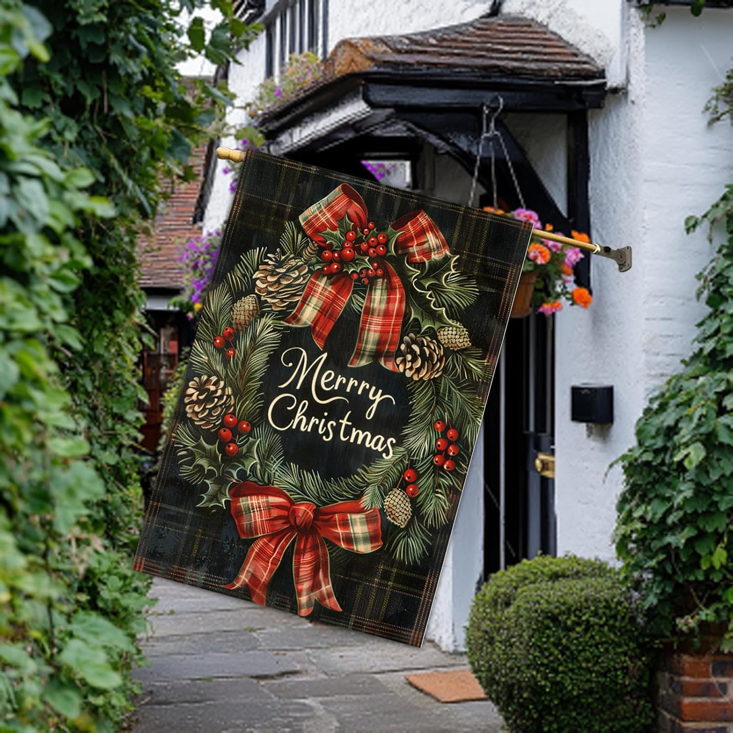 Merry Christmas Garden Flag Plaid Background Pinecone Berry House Flag 28 x 40 Inch Double Sided Large Yard Banners for Porch Home Outdoor Winter Holiday Classic Decor - Image 6