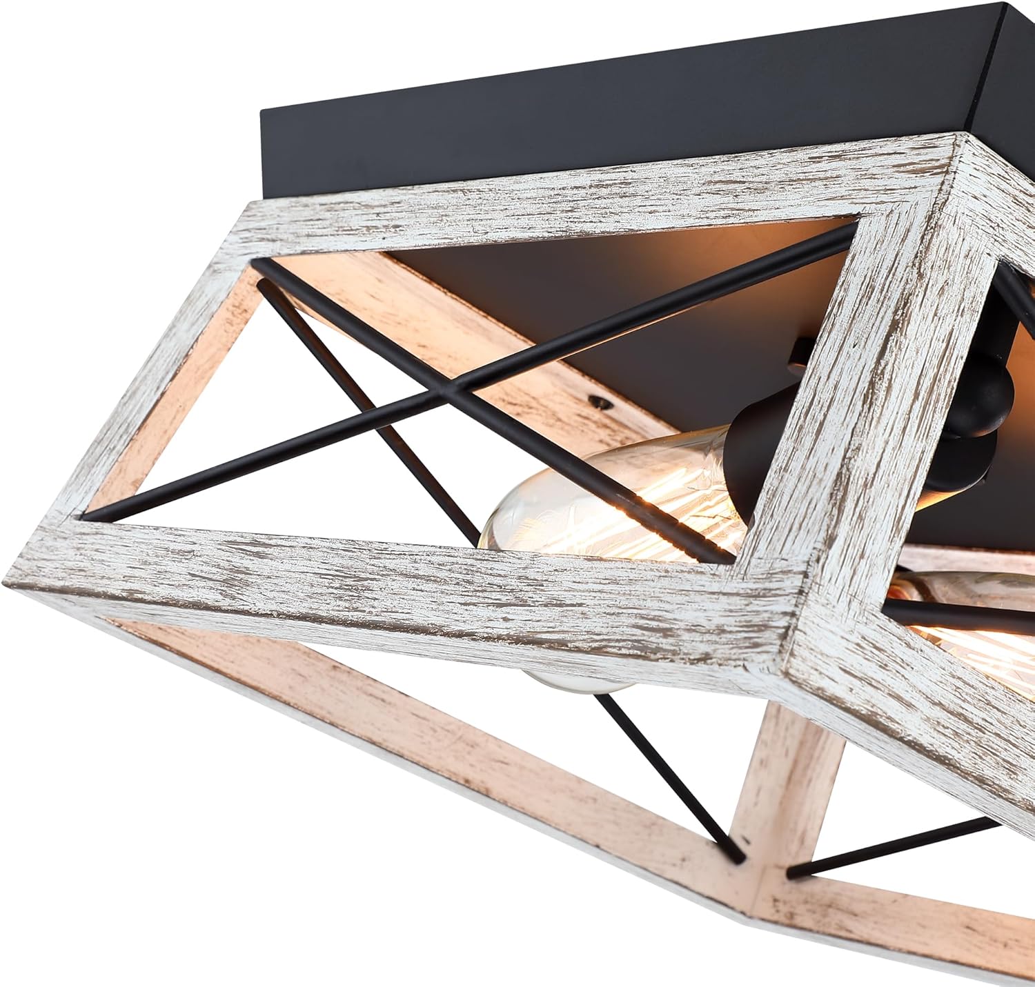 2-Bulb White Farmhouse Flush Mount Ceiling Light with White Wood Grain Finish Rustic Vintage Ceiling Light Fixture for Bedroom Entryway Hallway Porch Outdoor Cage Lamp Faux Wood, E26