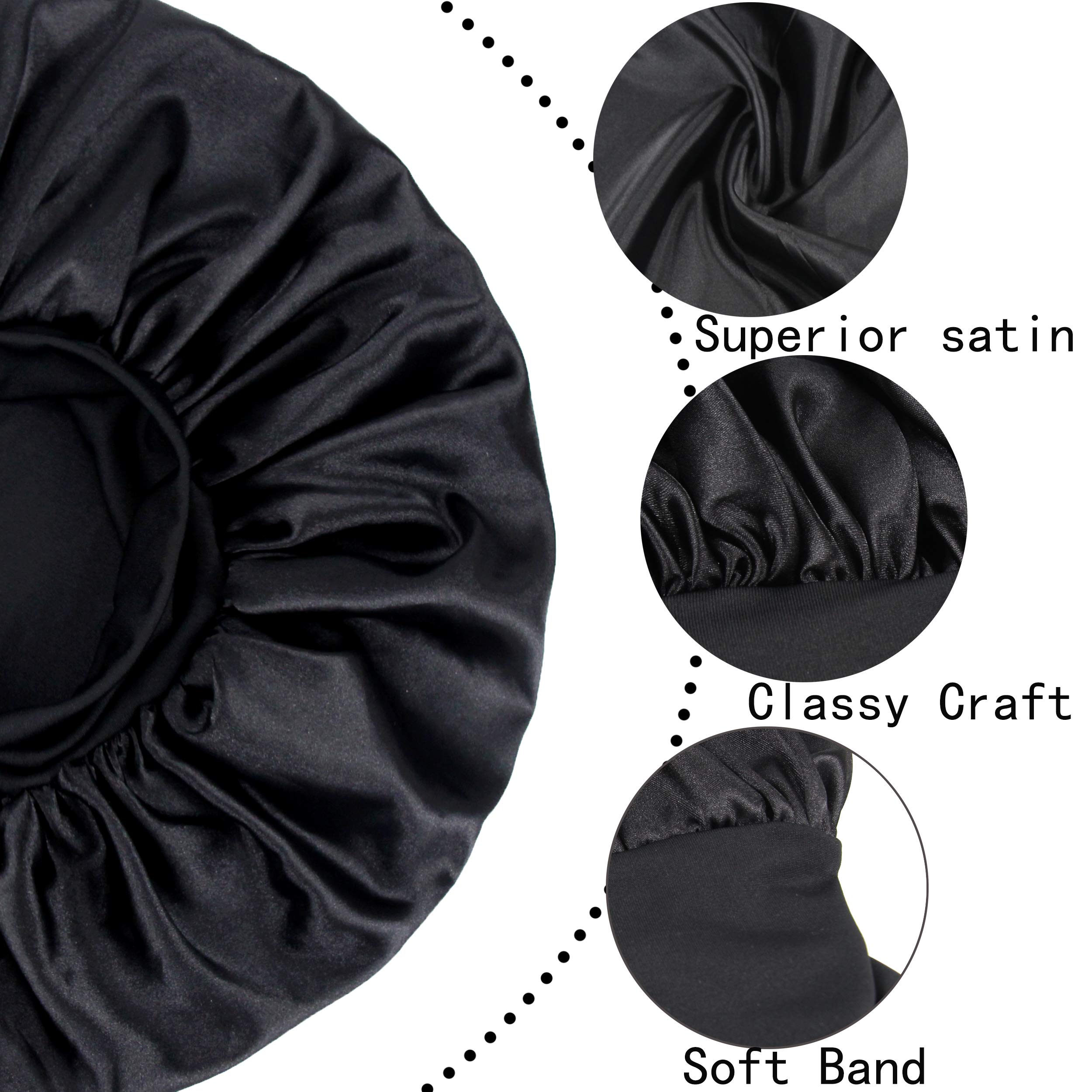 Bonnet de Nuit en Satin élastique à Large bande pour Femme,Cheveux Longs, Cheveux Bouclés (L, black)