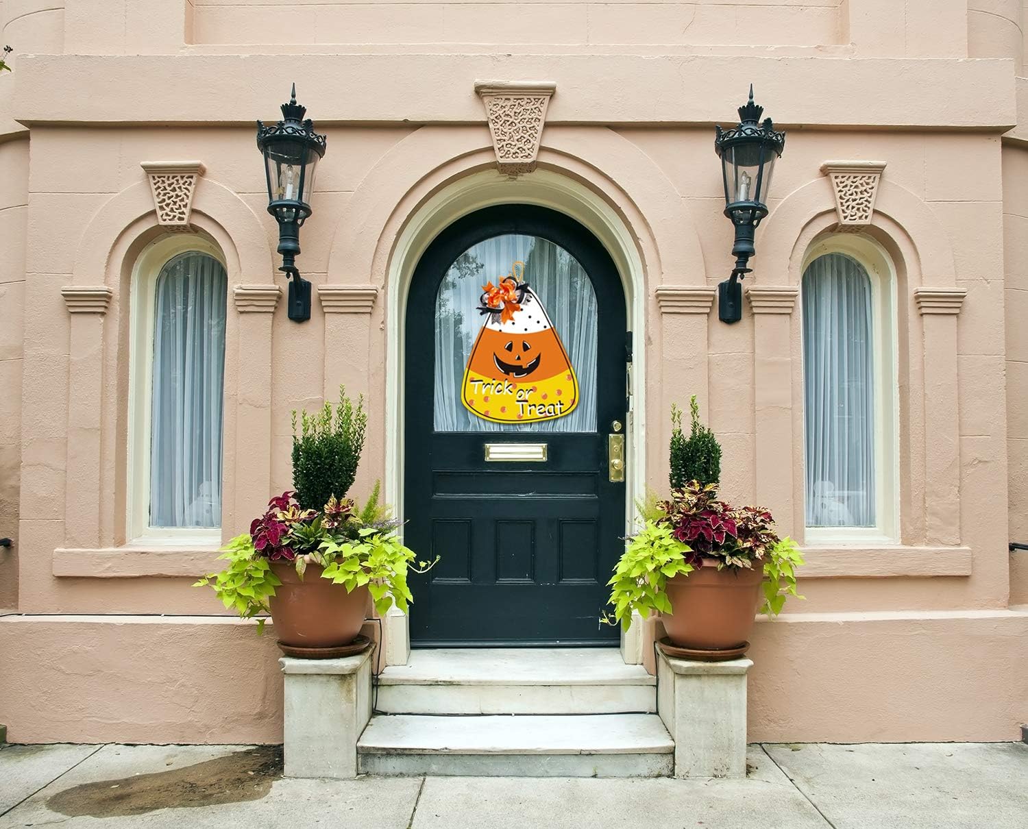 Funnlot Halloween Decor Candy Corn Door Decor Trick or Treat Wreath Hanging Sign Indoor Outdoor Wall Decorations Sign Hanger for Halloween Party Supplies Decorations