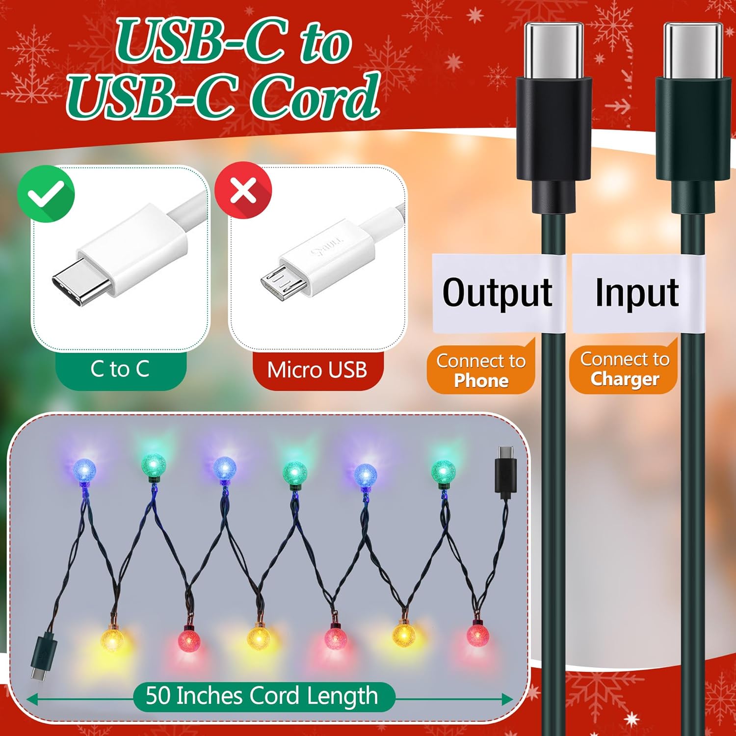 USB C to USB C Cable Christmas Light Phone Charger Cable, Multicolor 56 Inches Light Phone Charger Cord Compatible with Samsung, iPhone 17 16 15, MacBook, iPad(1 Pcs,Crystal Globe)