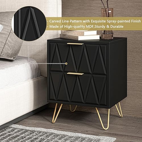 Miniatura 6 de CIAPCHO - Juego de 2 mesitas de noche negras, juego de 2 mesas de noche modernas con 2 cajones, mesa auxiliar negra y dorada con acabado de línea