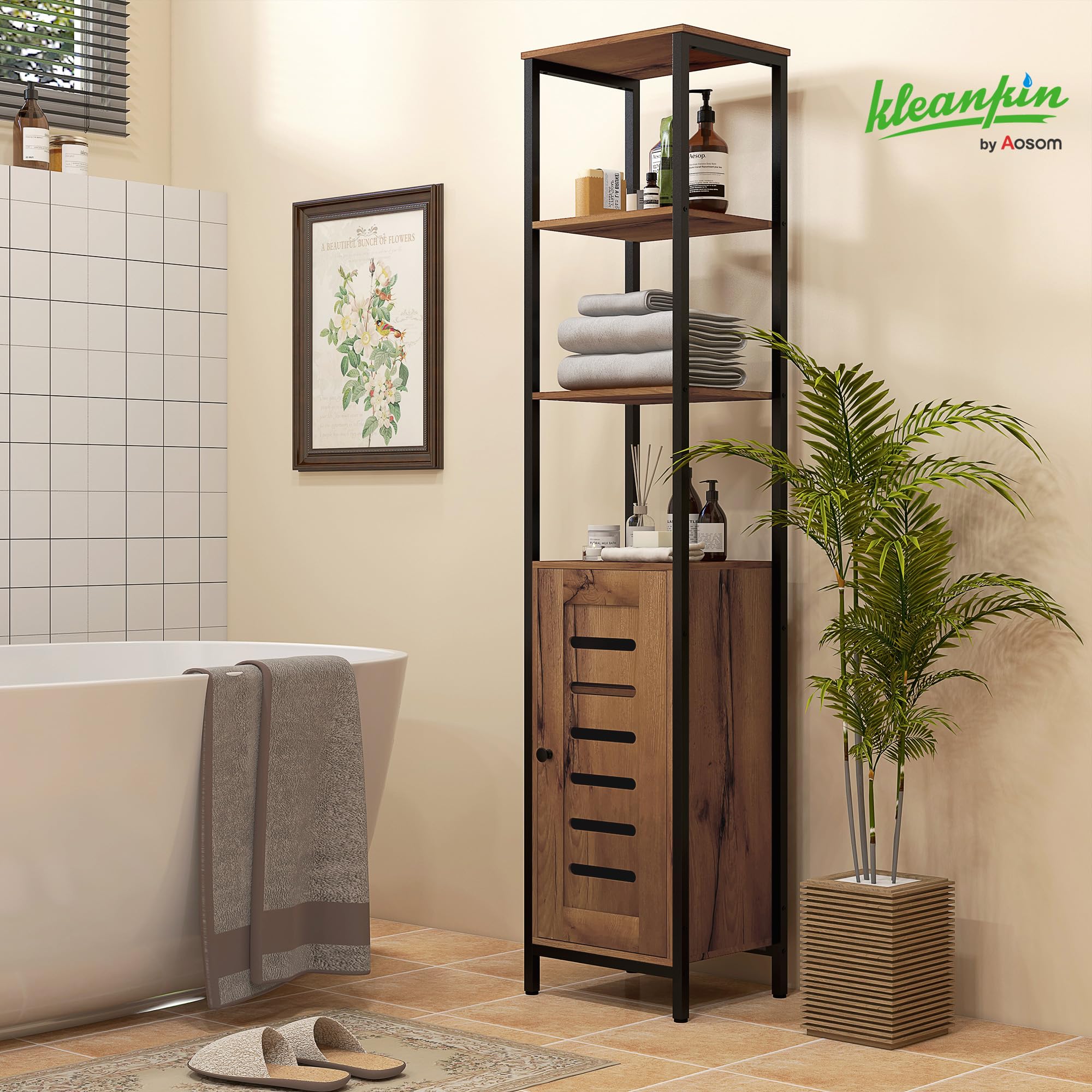 kleankin Armario de Baño Alto con Puerta de Lamas, Estantes Ajustables y Compartimentos Abiertos, Columna de Baño Estrecha, Marco de Acero, 37x30x167 cm, Marrón Rústico