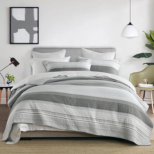 Colchas tamaño Queen - Juego de ropa de cama de 100% algodón profundo y gris claro, edredón Queen a rayas grises de granja, juego de colcha