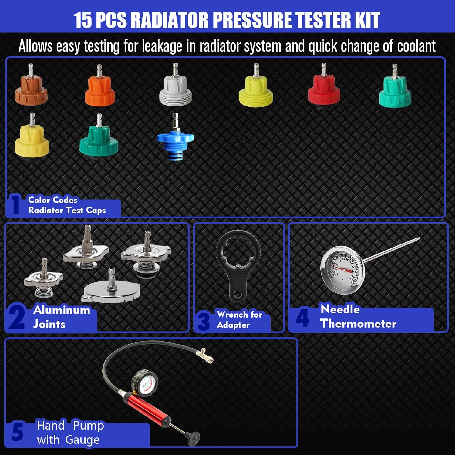 Coolant Pressure Tester Kit, Radiator Pump Pressure Tester with Vacuum Pump Vacuum Purge & Refill Tool, Automotive Cooling System Water Tank Leak Detection Tool (15 PCS)