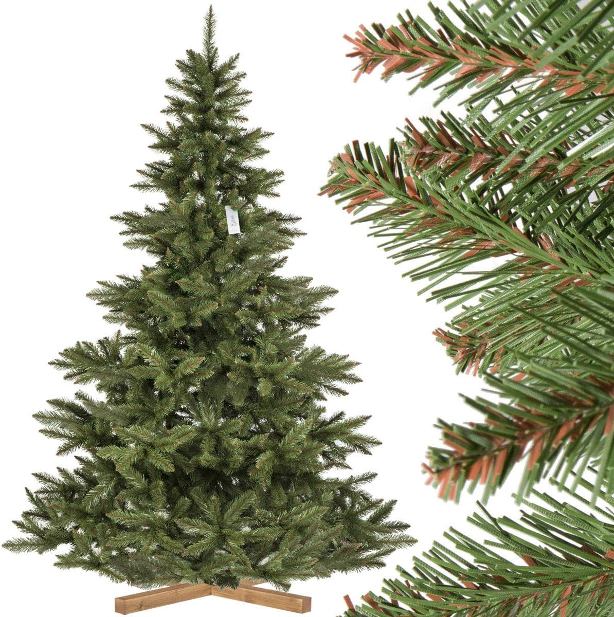 FairyTrees Christmas tree artificial NORDMANN FIR, green trunk, PVC material, wooden stand, 7.2ft / 220cm