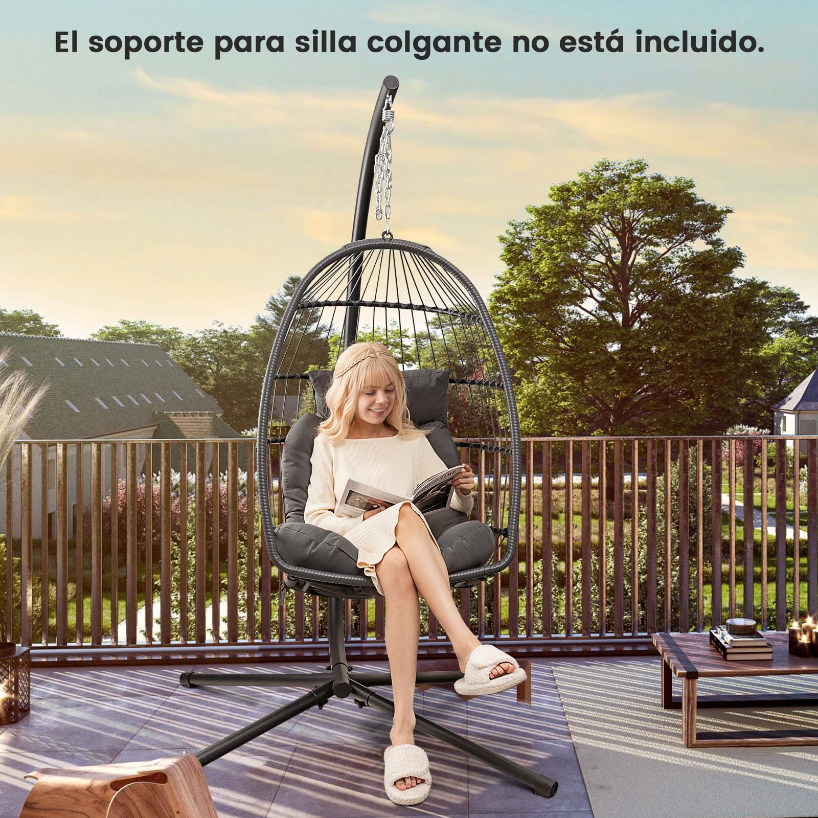 COSTWAY Silla Colgante Tipo Huevo, Cojín y Almohadilla, Columpio Colgante para Interior y Exterior, Sillon Colgante de Diseño Plegable, Carga 150kg