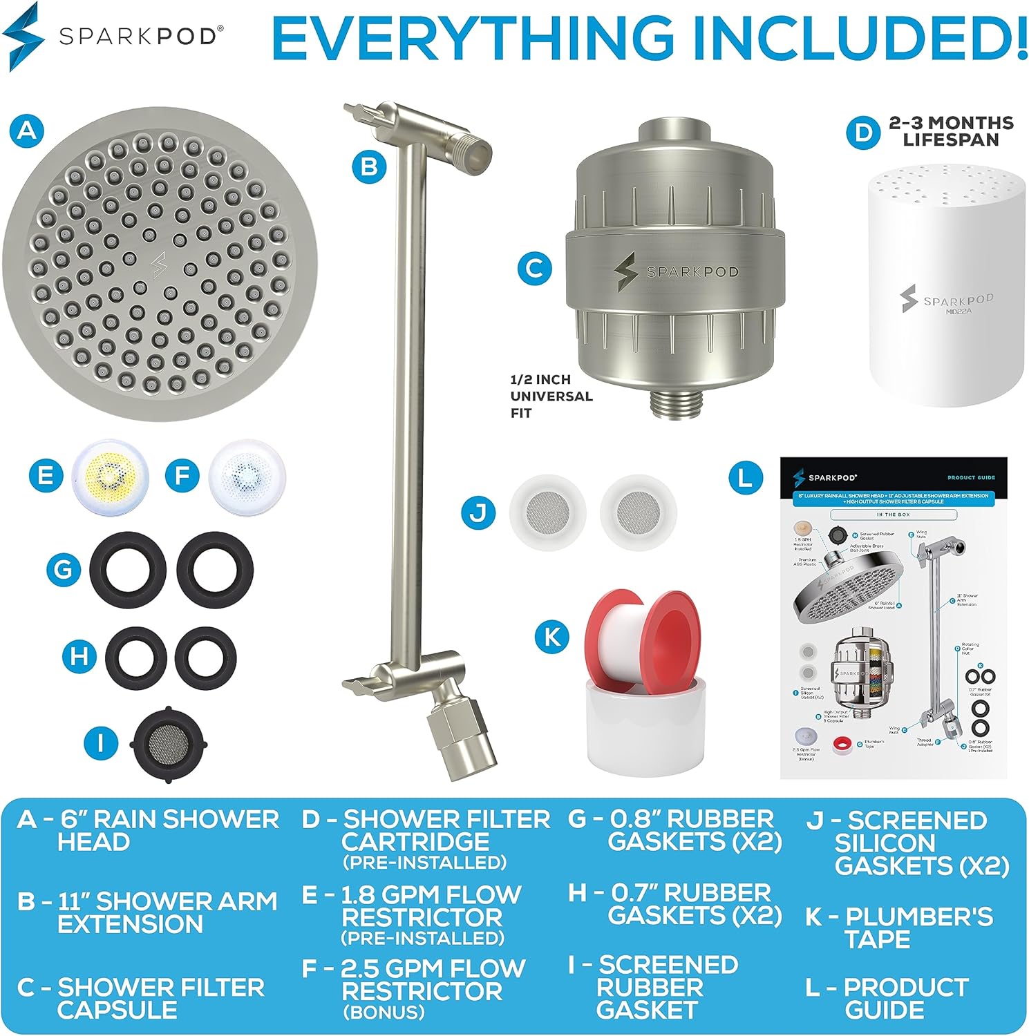 SparkPod 6" High Pressure Rain Shower Head with 23 Stage Filter Capsule & 11 Inch Adjustable Shower Arm Extension - Shower Filter Reduces Chlorine for Smoother Hair & Skin (Round, Brushed Nickel)