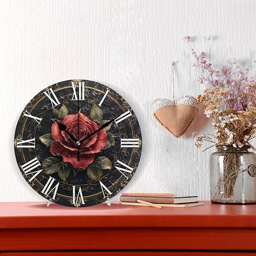 Miniatura 2 de KLL Retro Red Rose 10 Inch Round Home Wall Clock noiseless Decor for Home School Office relojes de pared para cocina
