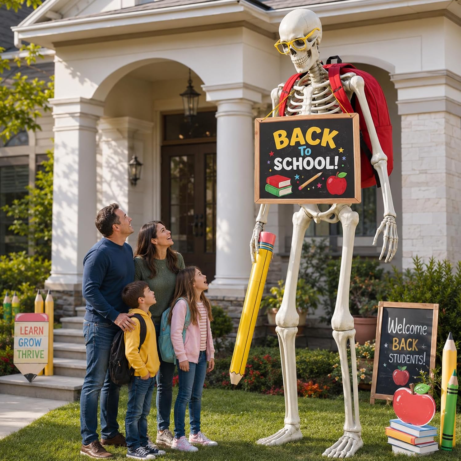 12 Foot Skeleton Back to School Outfit,Giant 12FT Skeleton First Day of School Clothes Costume Accessories Including 31" Giant Schoolbag,31'' Chest Sign,Yellow Glasses & 43" Inflatable Pencil Balloon