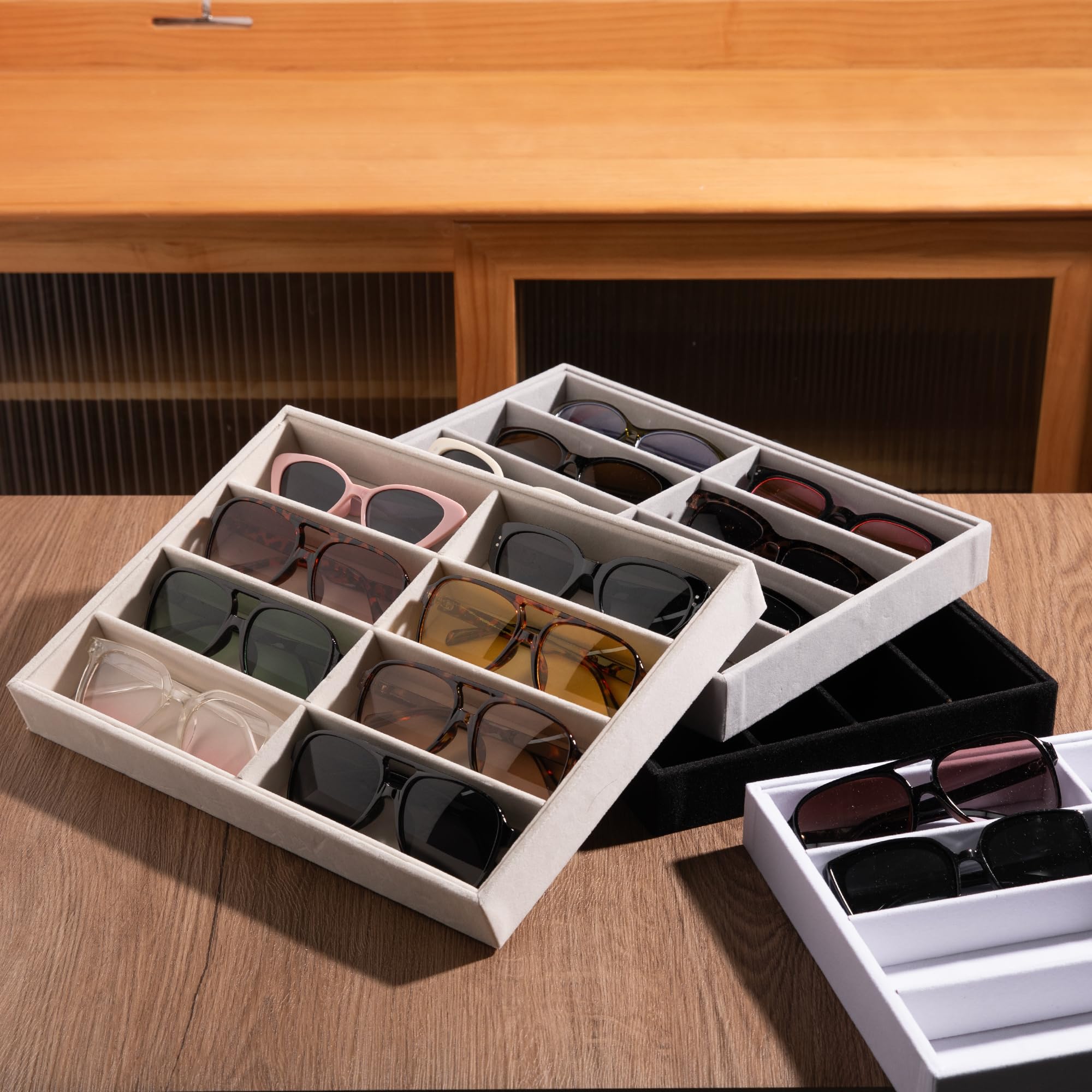 Frebeauty Aksamitny organizer, aksamitny organizer na okulary, taca na okulary przeciwsłoneczne z przezroczystą pokrywką, etui na okulary/okulary/taca ekspozycyjna na zegarek
