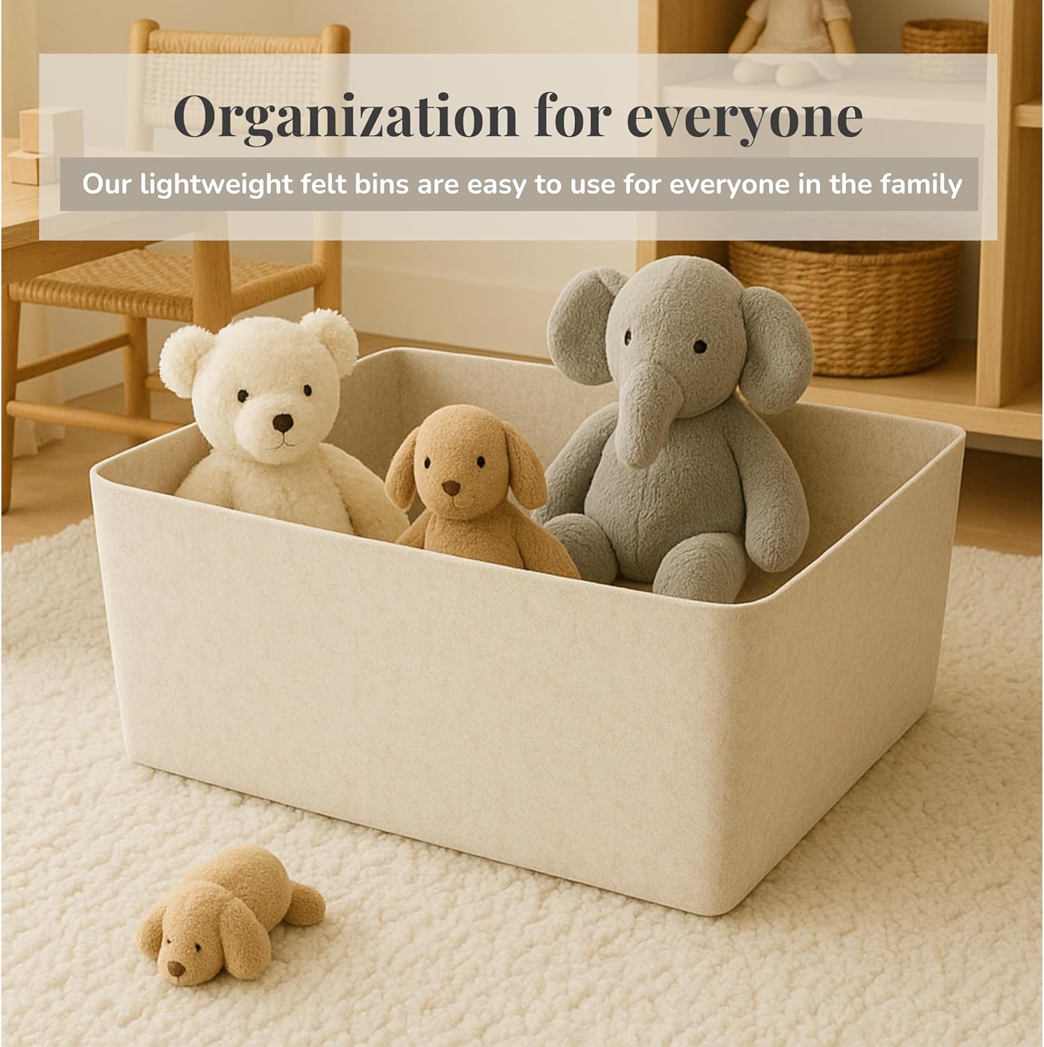 SortJoy The XL Sculpted Bins Set of 3 Storage Bin Felt Storage Basket Drawer Organizer Bins Box Toy Pet Books Clothes Closet Cabinet Bathroom, Pantry, Kitchen 19" x 14" x 8" (Stone, Oatmeal)