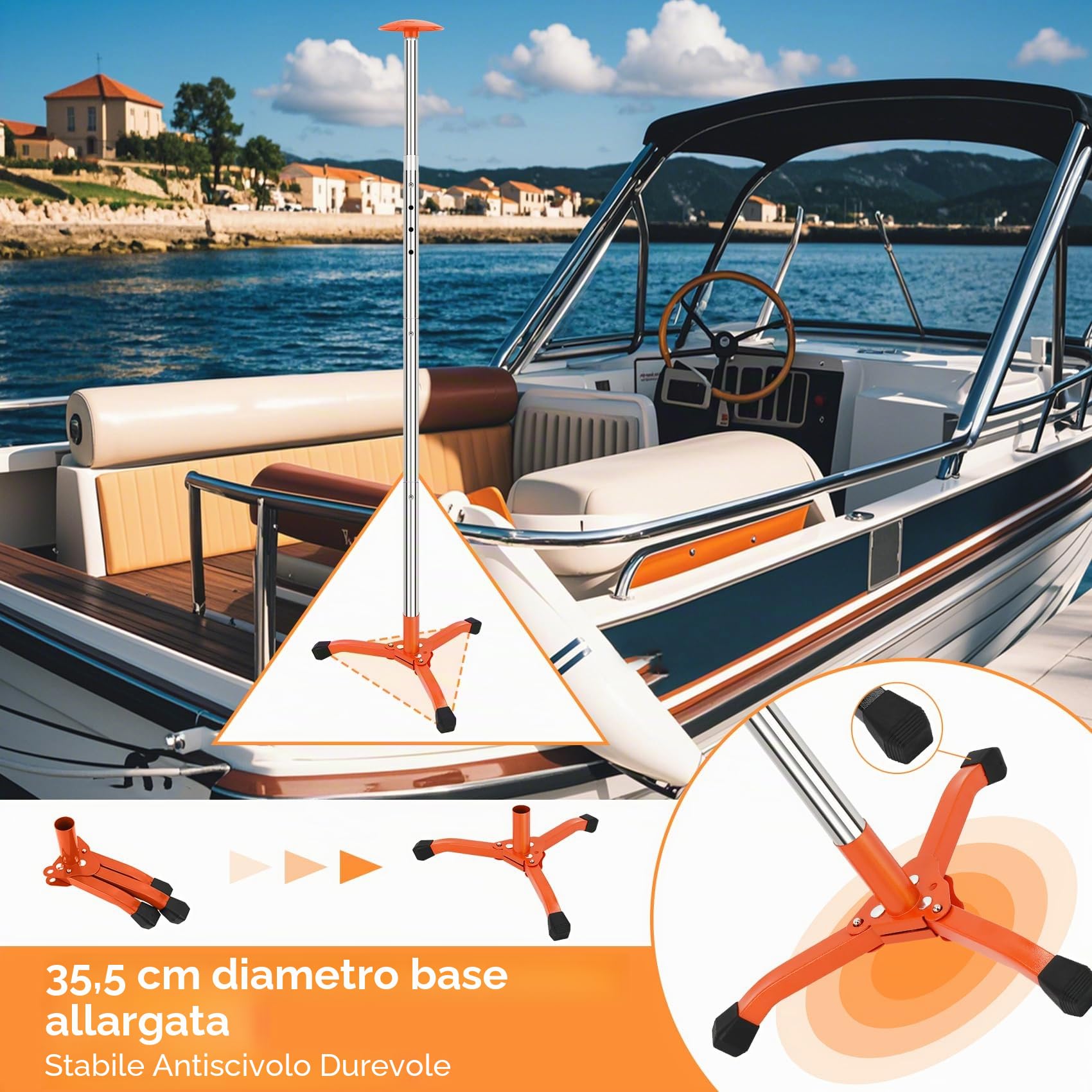 KOMCLUB Set 2 pali supporto copri barca telescopici in acciaio inox | Asta interamente in acciaio inox anti-corrosione marina, Kit completo con 8 cinghie resistenti dotate di ganci metallici
