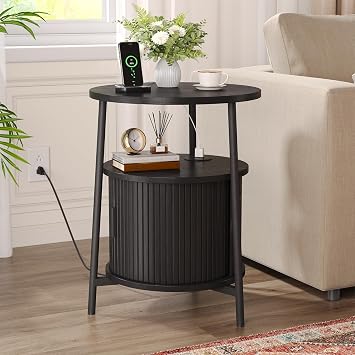 Round Side Table with Charging Station, Black