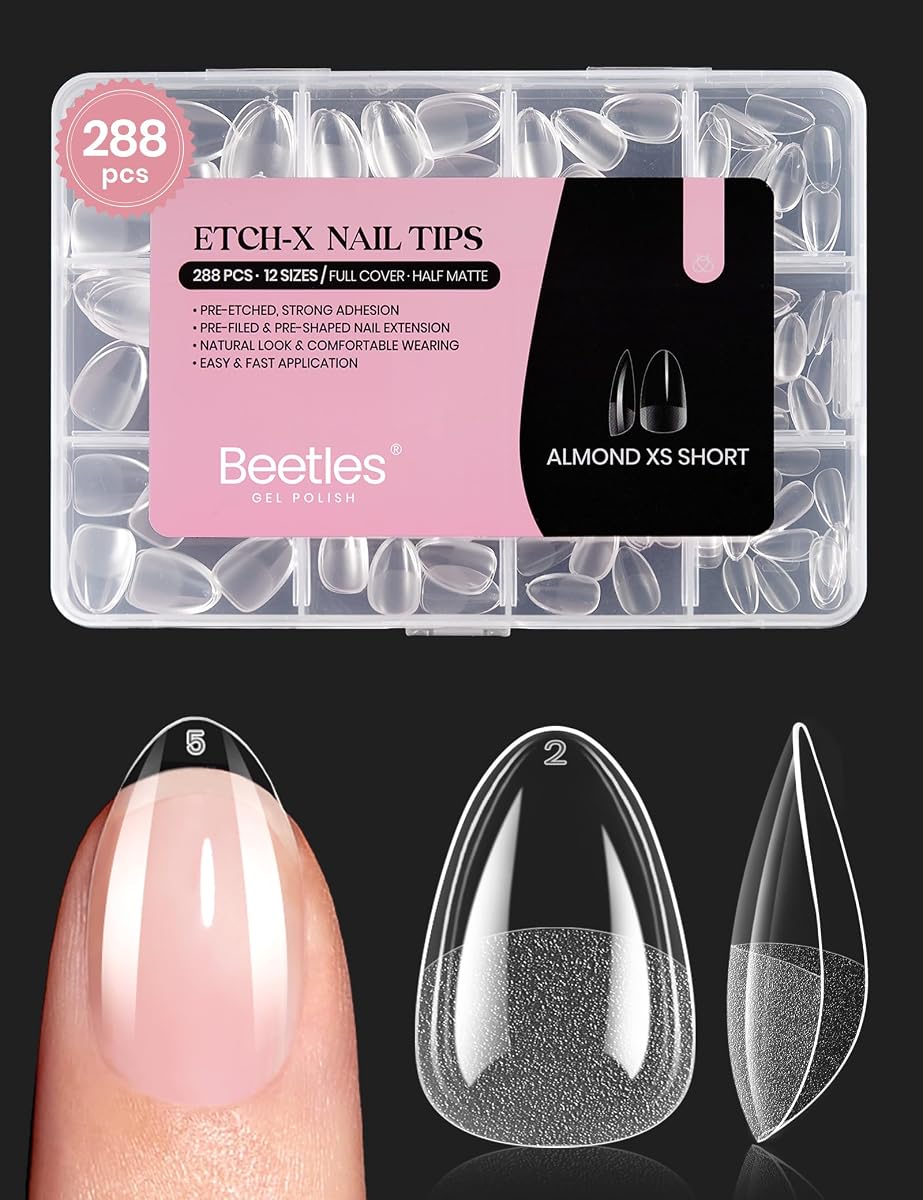 Beetles Extra Short Almond Nail Tips, 12 Sizes 288 PCS Pre-Shaped | Full Cover Etch Nail Tips Clear Acrylic Press on Nails Extension for Girls Women Art Design, Glue Needed
