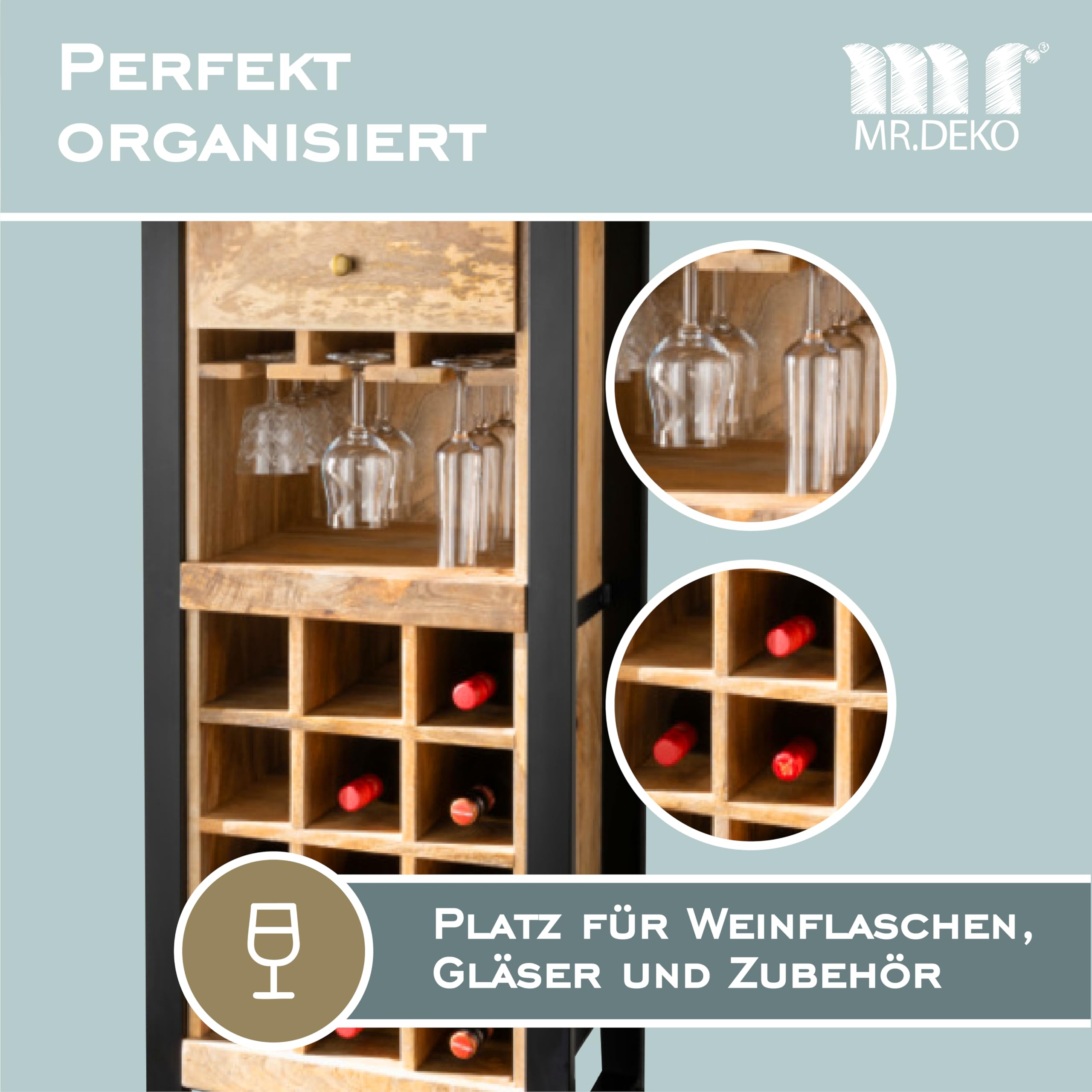 MR. DEKO® Exklusive Wein Kommode aus Mango Holz | Weinschrank mit Stauraum & Hängeeinsatz | Industrial Look Bar Regal | (Wein) Flaschen-Regal für 12 Flaschen | Vintage Design | 51x40x120cm
