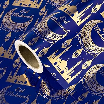 WRAPAHOLIC Eid Mubarak Wrapping Paper Roll - Mini Roll - 17 Inch x 16.5 Feet - Blue and Gold Foil Crescent Moon and Mosque Design, Perfect for Islam Holiday, Eid Mubarak, Wedding, Birthday