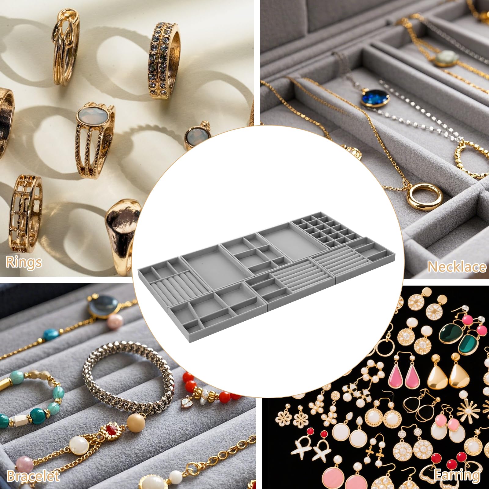 Rainmae 12 Stück Schmucktablett,Samt Schmuckeinsatz für Schubladen,Stapelbar Schmuck Organizer,Schmuckaufbewahrung Schublade für Ohrringe Ring Armband Broschen Halsketten