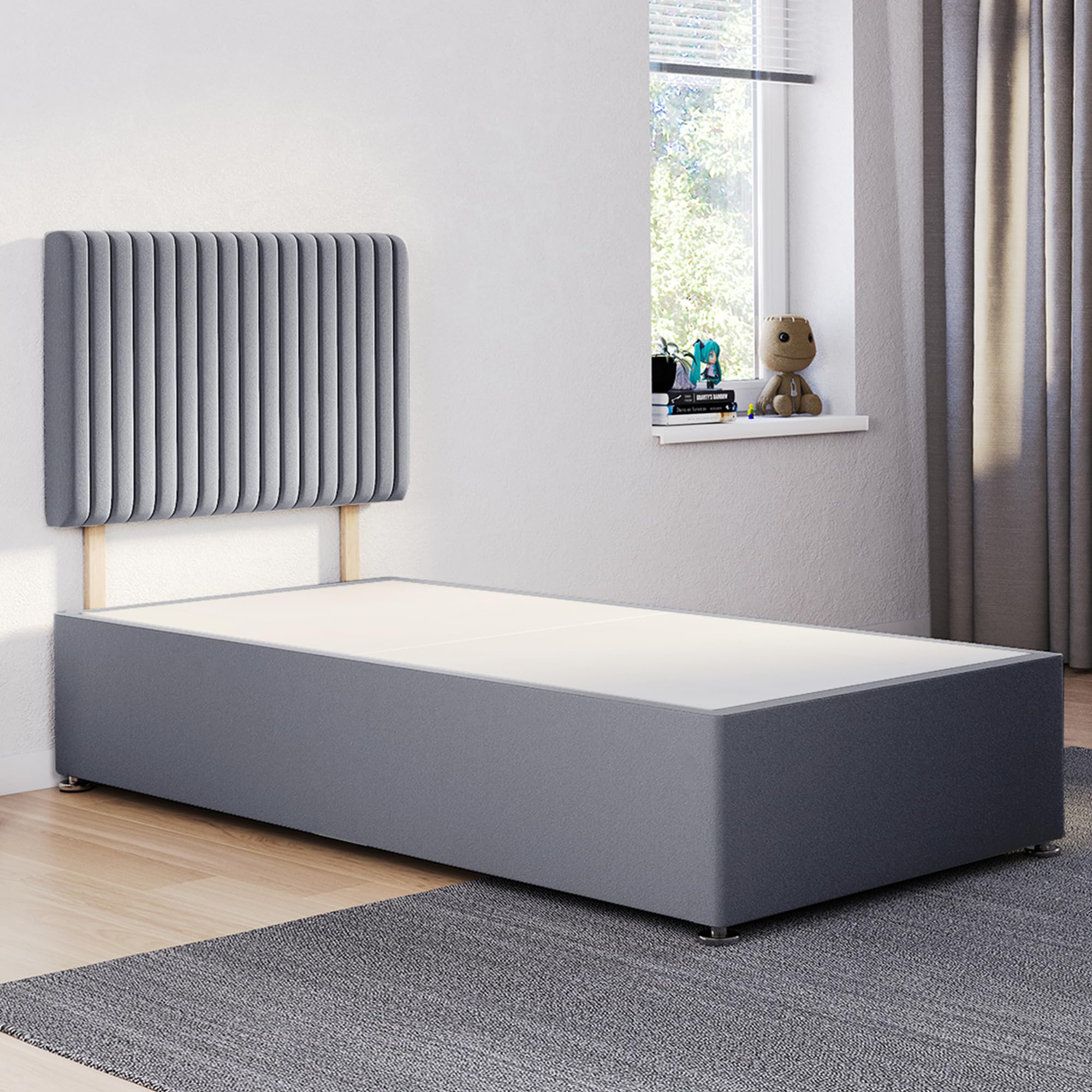 ComfoRest - Stylish 3FT Single Divan Bed Base with Malia Headboard | Space-Saving Frame for Small Bedrooms | Ideal for Students, Guests or Everyday Use – No Mattress, No Drawers (Grey Plush)