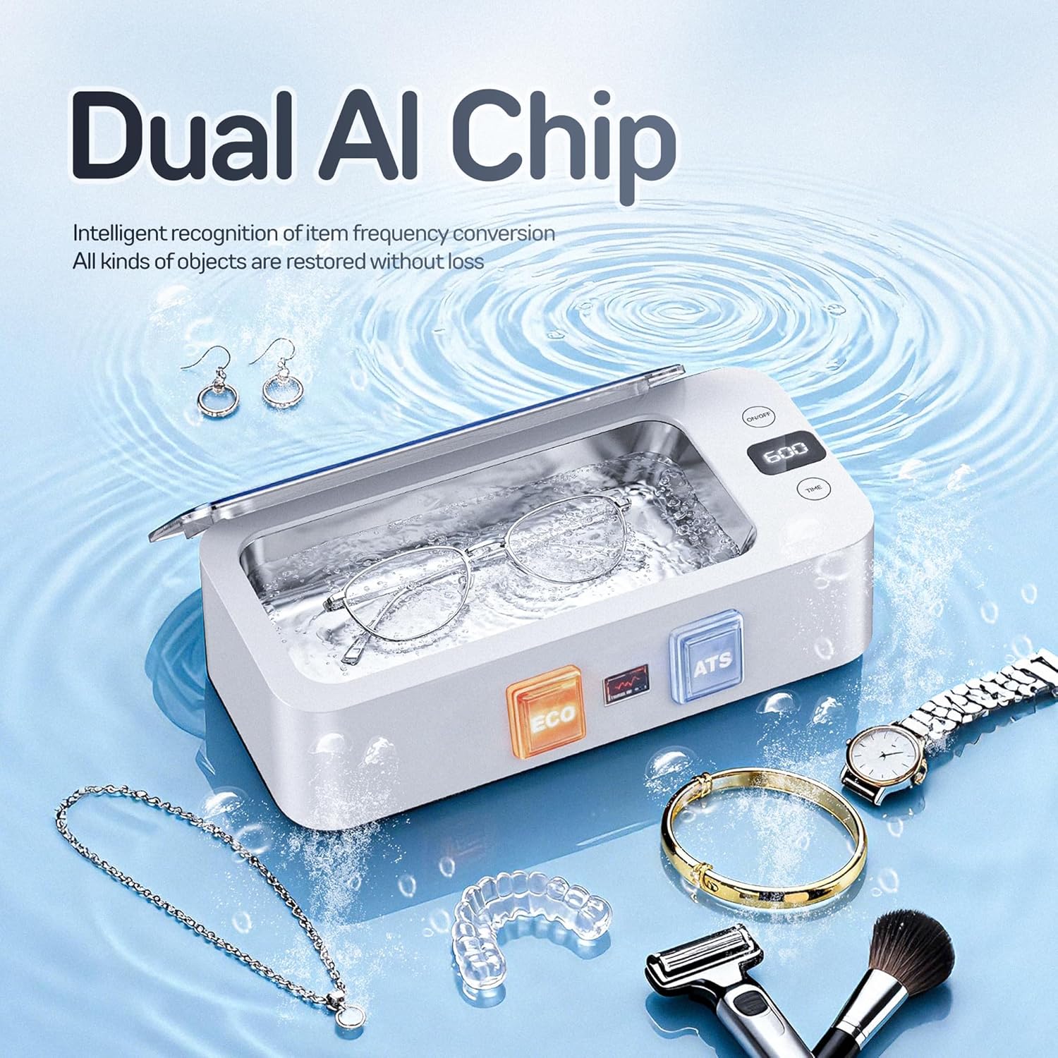 Ultrasonic Jewelry Cleaner, 50khz Professional Ultrasonic Cleaner Machine for Jewelry, Eyeglasses, Watches, Dentures,5 Time Modes,316 Stainless Steel Tank,500ml Capacity (White).