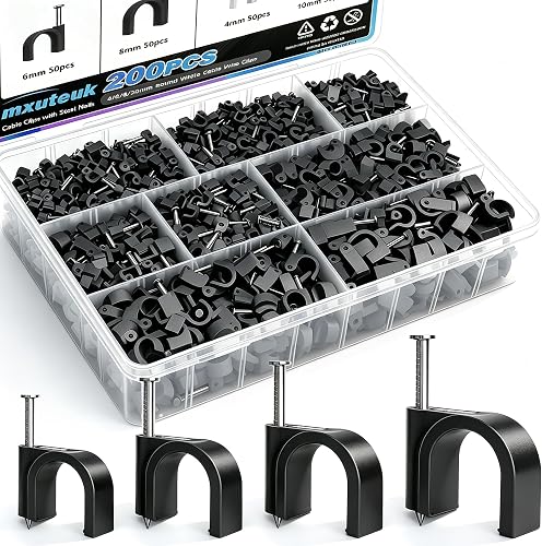 mxuteuk 200PCS Cable Clips with Steel Nails,4/6/8/10mm Round Black Cable Wire Clips,Wall Clips for Cords,Cable Cord Clips for RG6 RG59 CAT6 RJ45