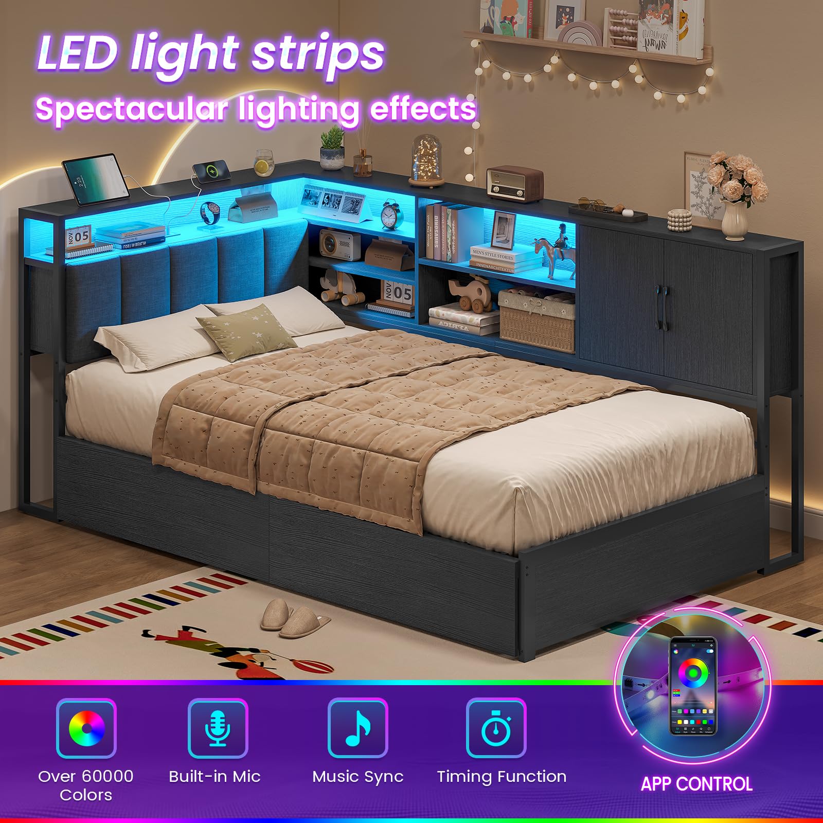 Divano letto imbottito 90 x 200 con illuminazione a LED, stazione di ricarica, letto per ragazzi con 2 cassetti e rete a doghe in metallo, testiera con vano portaoggetti, scaffali aperti, Nero