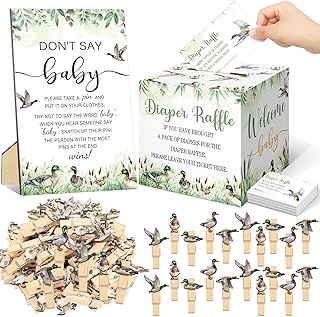 102 Pcs Mallard Duck Baby Shower Game Supplies Diaper Raffle Tickets with Diaper Raffle Card Box Don't Say Baby Sign Mini Mallard Duck Clothespin Game Decor for Gender Reveal Favor