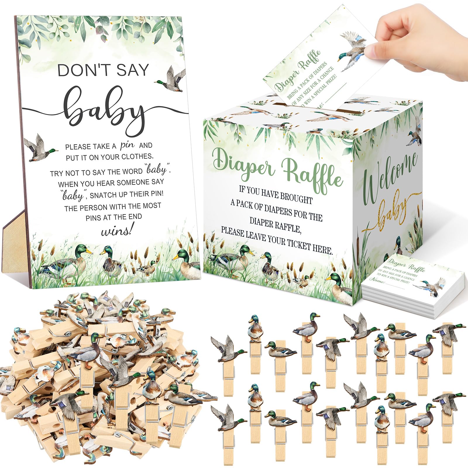 Dispowreath Stockente für Babypartys, Spielzubehör, Windeln, Tombola-Tickets mit Windel, Tombola-Karte, Box "Don't Say Baby", Mini-Stockente, Wäscheklammer, Spieldekoration, für Geschlechtsoffenbarung