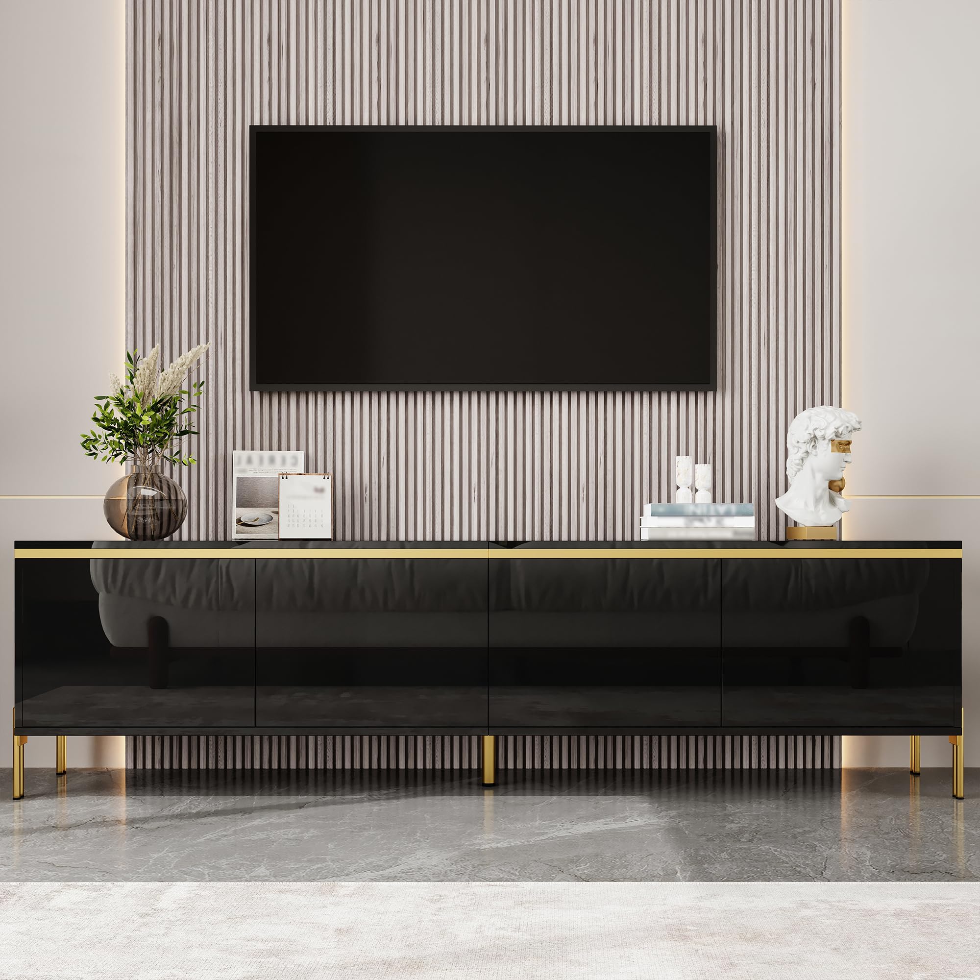 Jaxenor 170cm High-Gloss TV Cabinet with 4 Doors & Metal Legs, Black+Gold โ image 1