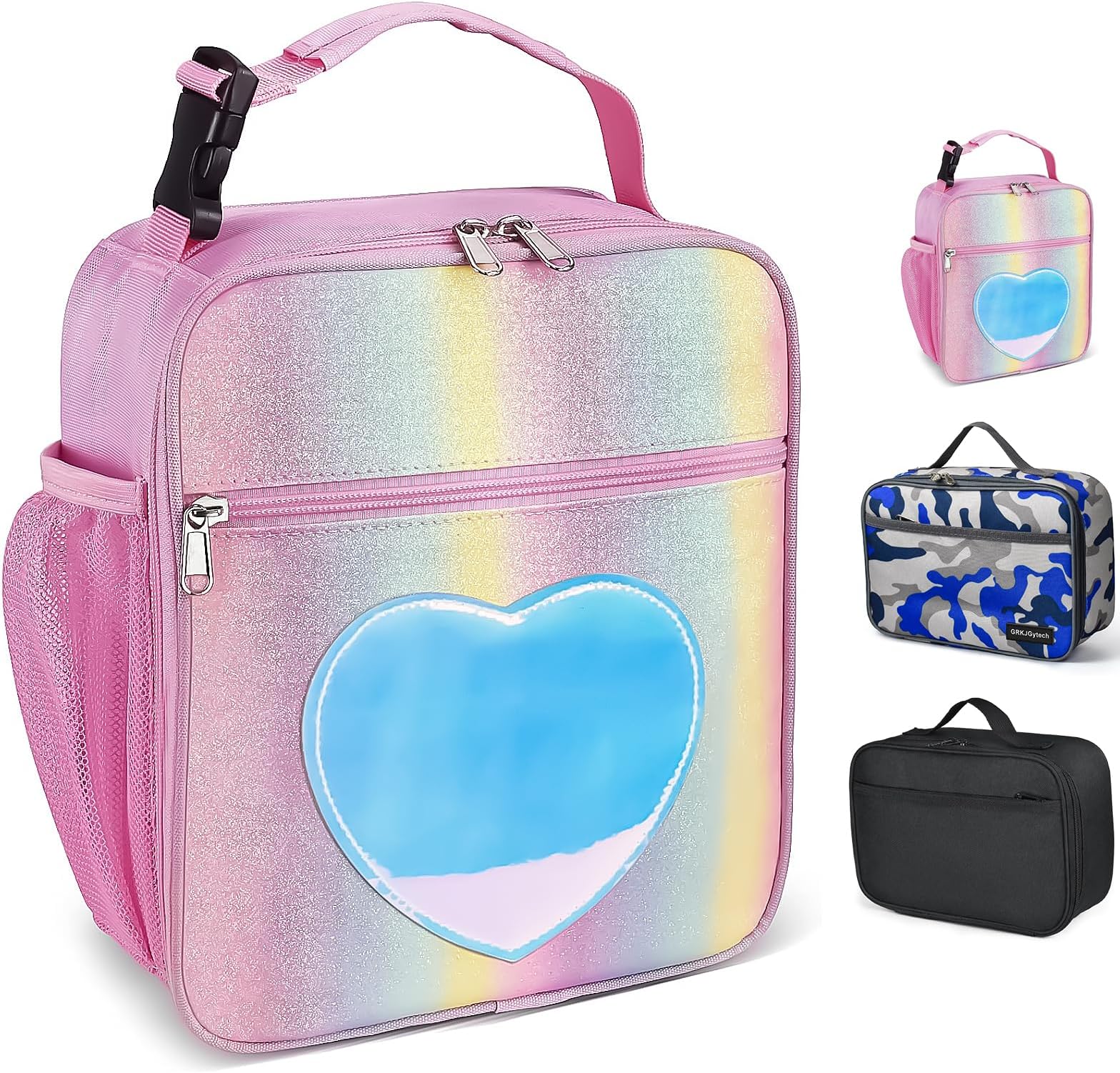 Insulated Lunch Bag for Kids Girls Pink Rainbow Glitter Portable Leakproof Kids Lunch Box for Women Food Drink Pack Cooler Bag for Work School Picnic Camping