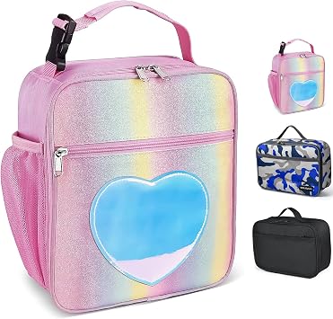 Insulated Lunch Bag for Kids Girls Pink Rainbow Glitter Portable Leakproof Kids Lunch Box for Women Food Drink Pack Cooler Bag for Work School Picnic Camping