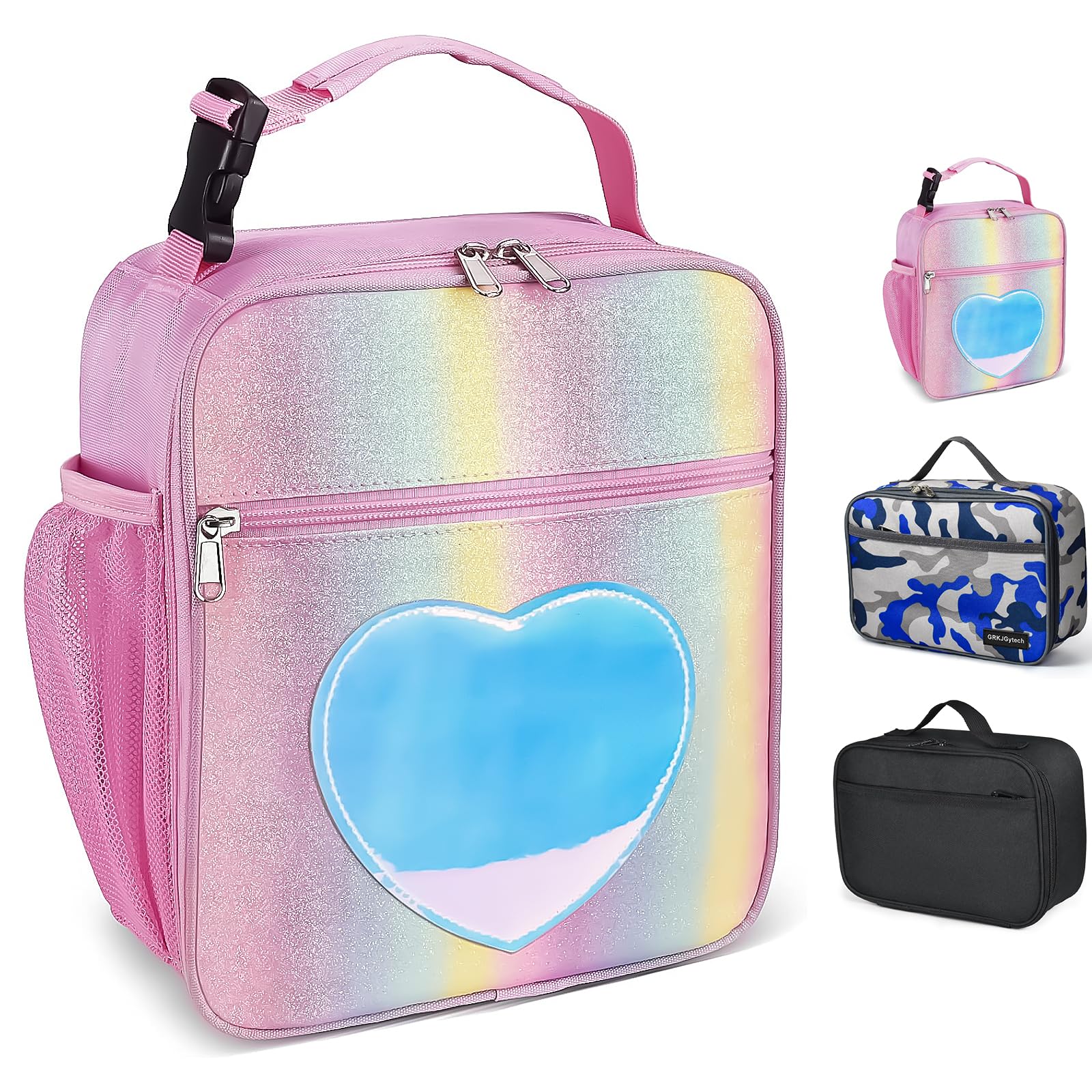 Insulated Lunch Bag for Kids Girls Pink Rainbow Glitter Portable Leakproof Kids Lunch Box for Women Food Drink Pack Cooler Bag for Work School Picnic Camping