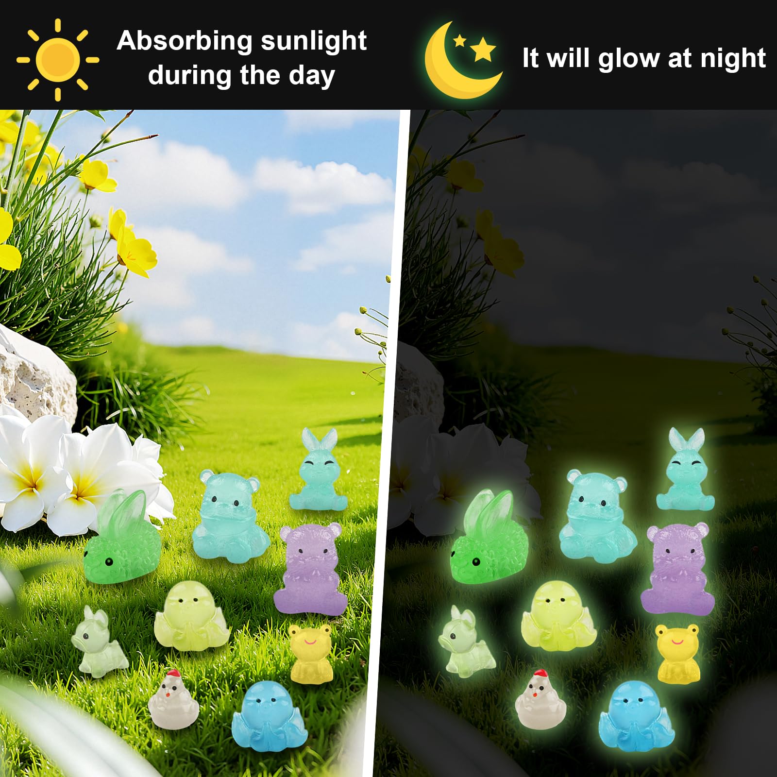 DXLing 120 Pcs Mini Glow Resin Animals Luminous Miniature Resin Animals Mixed 12 Styles Mini Animal Figures Glow in the Dark Tiny Toy ResinAnimal Figures with Stickers for Garden Dollhouse Decoration - Image 4