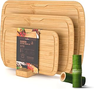 KitchenBoss bamboo chopping board wood breakfast board : Solid wood chopping board kitchen with juice track-3 pieces Can be used in a variety of scenarios