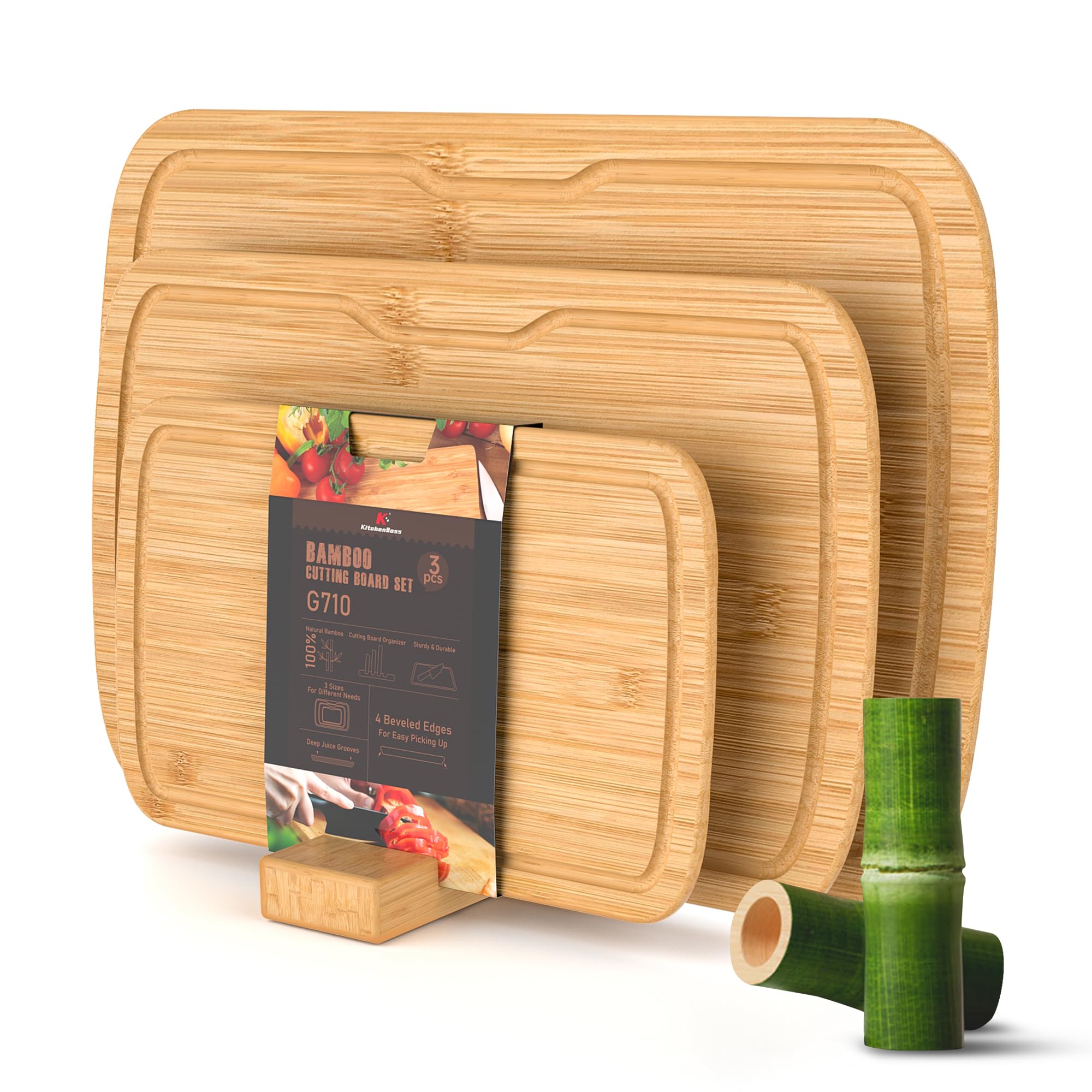 KitchenBoss Planche a Decouper Bois Bambou avec Récupérateur de Jus, Chopping board Bois 3 Tailles 25 x 16cm/33 x 20cm/38 x 25cm pour la Viande Légumes Pain